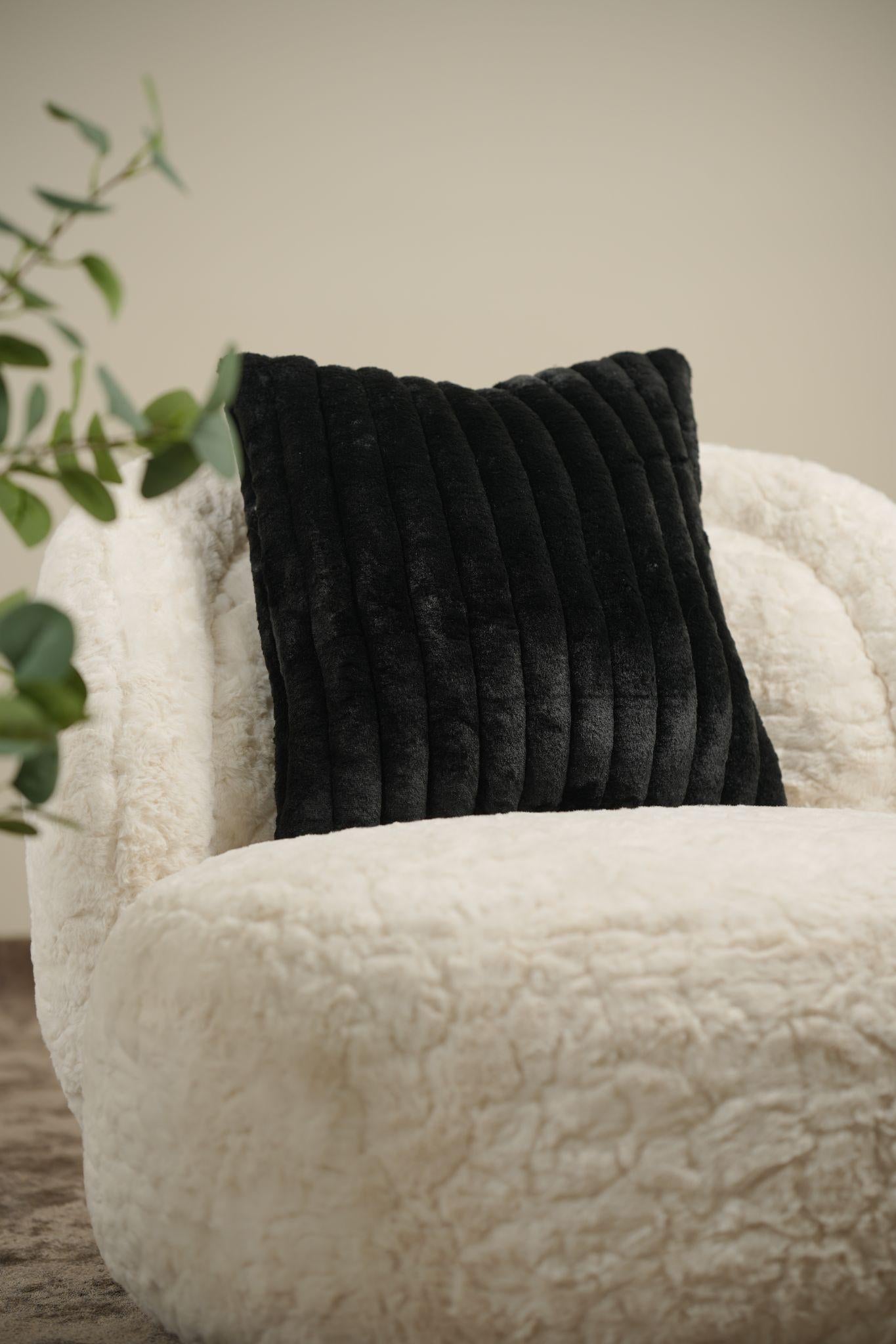 Black striped velvet furry sq cushion